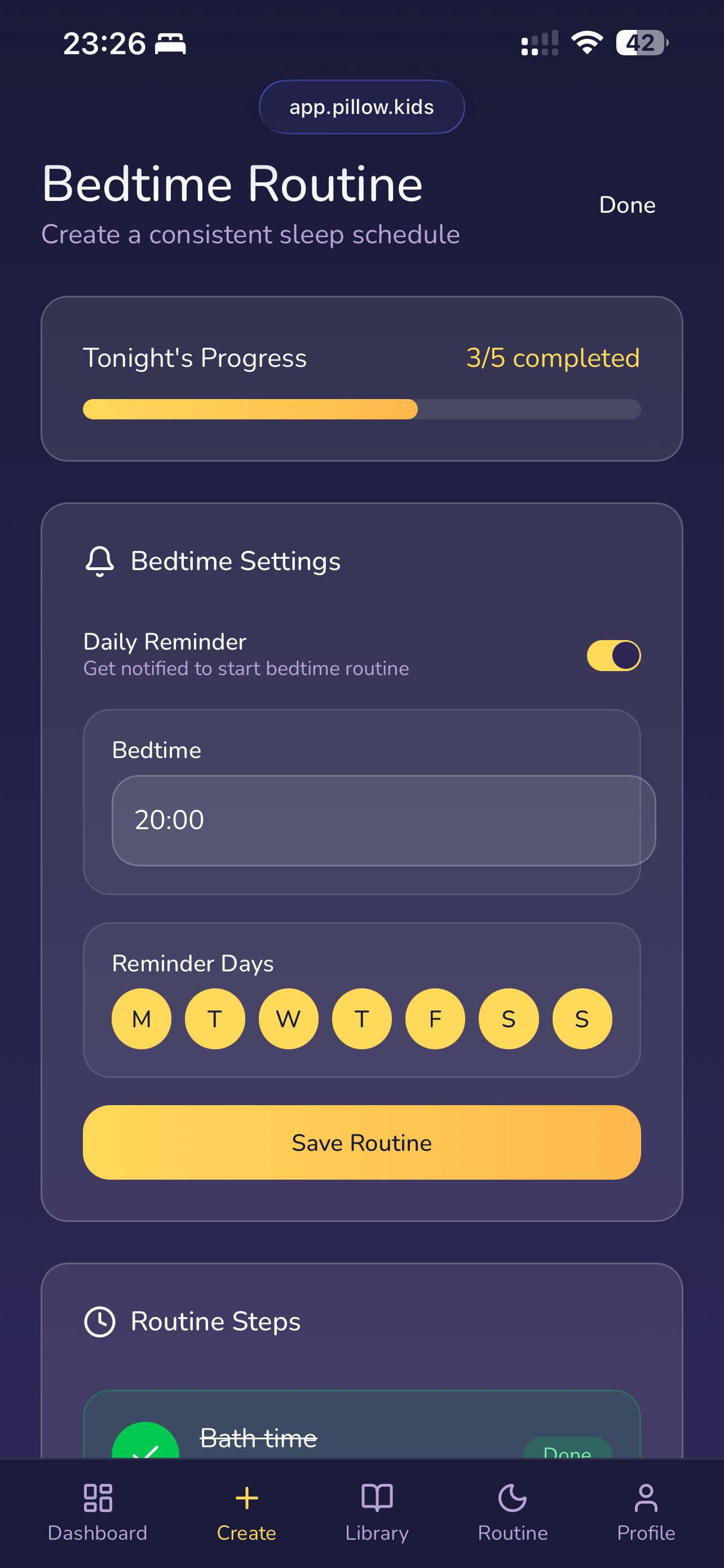 Bedtime Routine Logs screen